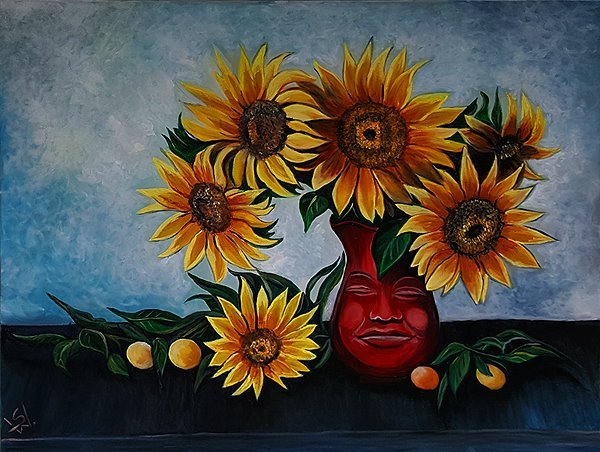 Gelbe Sonnenblumen in roter Vase mit schlafendem Gesicht, Abschied vom Sommer, Ölgemälde
