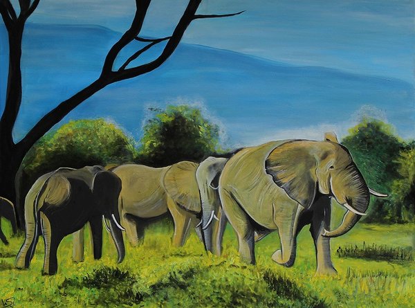 Treffen von mehreren Elefanten auf einer grünen Lichtung, Elefantentreffen, Ölgemälde