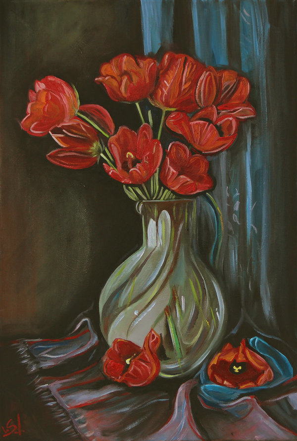 Stillleben, Rote Tulpen in gläserner Vase auf Tischläufer, vor Fenster mit Vorhang, Ölgemälde