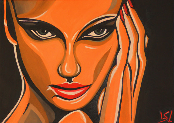 Frauenporträt im Pop-Art Stil, Kopfkino, Der Blick einer Frau, Ölbild in Schwarz, Rot, Orange