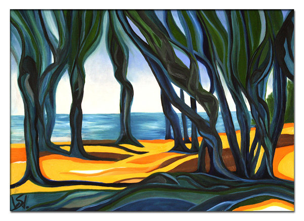 Ein Stück Wald vor einem Strand,  Im Wald der Feen, versteckte Feen, Sommerbild, Ölgemälde