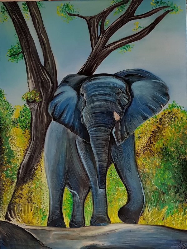 Der Bulle,  Elefantenbulle im Wald, Sommerbild, Ölgemälde