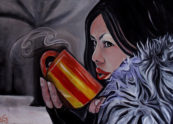 Der Winter ohne Dich,  Frauen trinkt Heißes bei klirrender Kälte, Winterbild, Ölgemälde