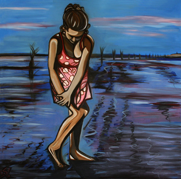 Nur Selbstabholung, kein Versand: Mädchen am blauen Strand, Ölgemälde